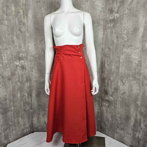 Handmade Dresses & Skirts - Vintage Handmade Size S Red Knit Polyester Hi Waisted Wrap Midi Skirt Tie Back